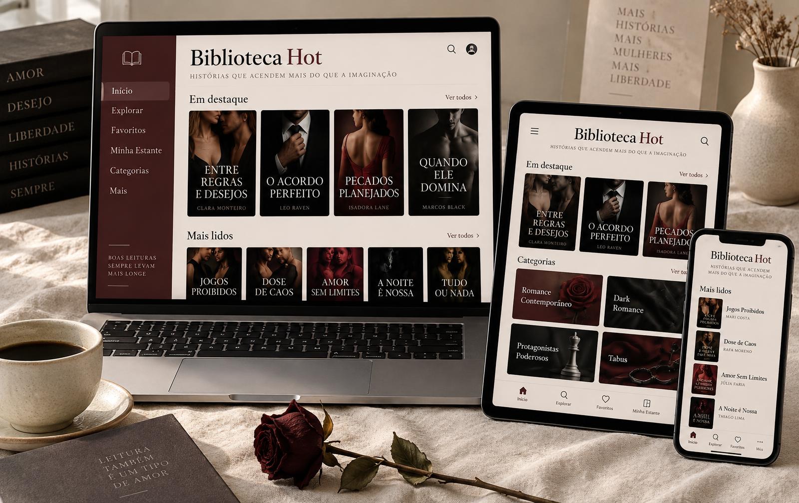 Apresentação ilustrativa da biblioteca de romances digitais no notebook, tablet e celular